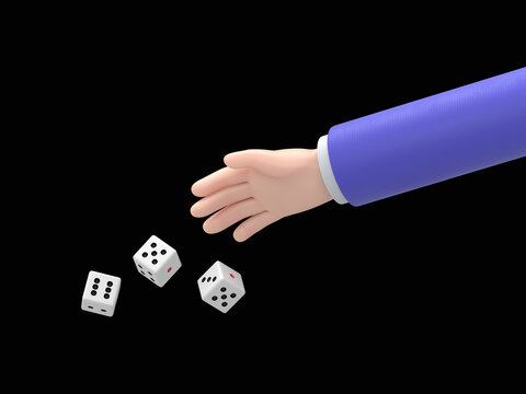 Man throws dice.Template for gambling.Throwing dice.Red dice on the table.Man avid person.Gambler concept.Playing in hand.3D rendering on black Screen for footage and clipping path.