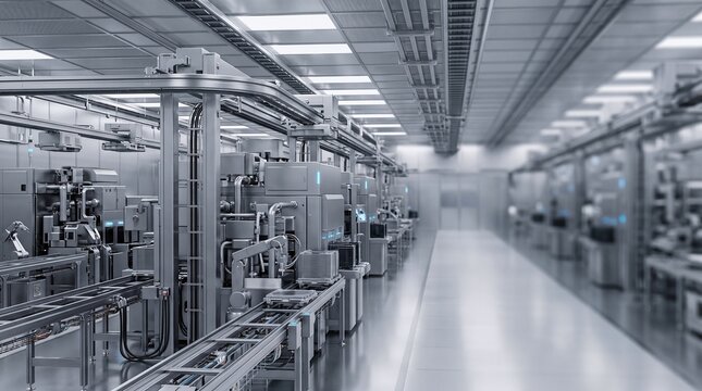 Premium enterprise automated semiconductor fabrication cleanroom 3D illustration with copy space