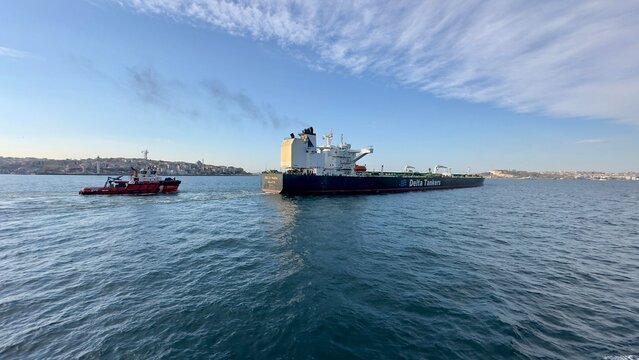 Oil tanker ship in Bosporus strait on Istanbul