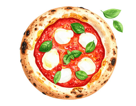 PNGMURNI--transparent background Firefly A top-down view of a delicious pizza Margarita rendered in watercolor style wit