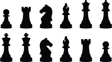 A chessboard setup with various black silhouettes of pieces arranged © Sakila