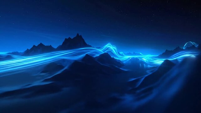 Glowing blue light trails flow across a dark mountain landscape