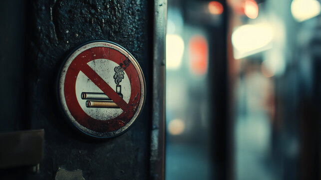 Close-up of a prohibition sign against smoking mounted on a wall with blurred urban background at