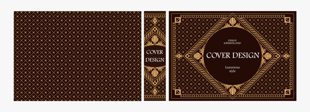 Elegant horizontal vintage book cover design with ornate Art Deco frame, geometric decorative ornaments, and luxurious retro style for publications, albums, posters, and premium layouts