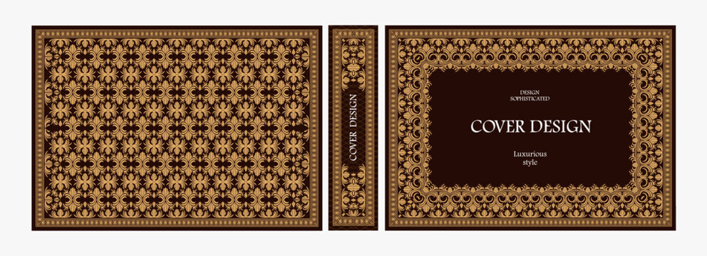 Elegant horizontal vintage book cover design with ornate Art Deco frame, geometric decorative ornaments, and luxurious retro style for publications, albums, posters, and premium layouts
