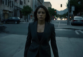 Fototapeta premium Hispanic woman walking on urban street corner at dusk