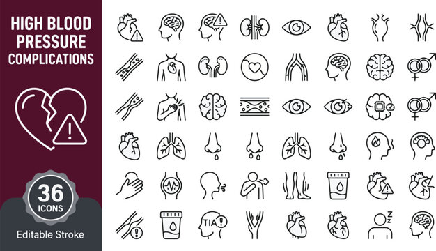 High blood pressure complications line icon set. Hypertension symptoms, cardiology heart disease, stroke, kidney failure, eye damage, aneurysm, atherosclerosis, chest pain, nosebleed, edema
