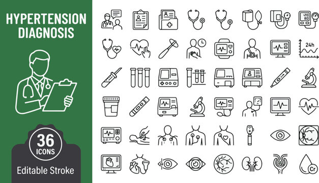 Hypertension diagnosis medical line icon set. Cardiology, heart health, blood pressure, ECG, stethoscope, kidney, eye fundus, laboratory tests, sphygmomanometer vector illustration. Editable stroke