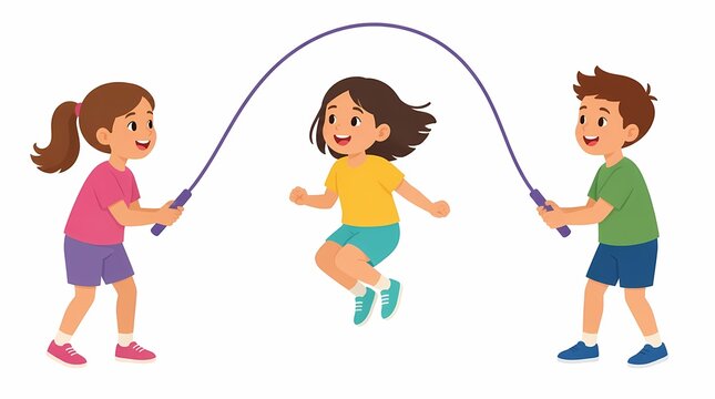 Children actively playing jump rope game together, engaging in physical activity, friends having fun outdoors with a long skipping rope, full length cartoon illustration.