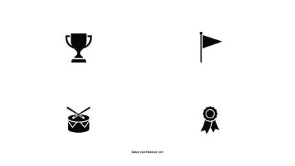 Fototapeta premium Minimalist black icons set featuring trophy flag drum and ribbon for celebration with arranged balanced grid against neutral background showcases clean minimalist