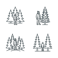 Obraz premium Man in Winter Forest Icons: People Among Pine Trees, Outdoor Recreation Vector Set