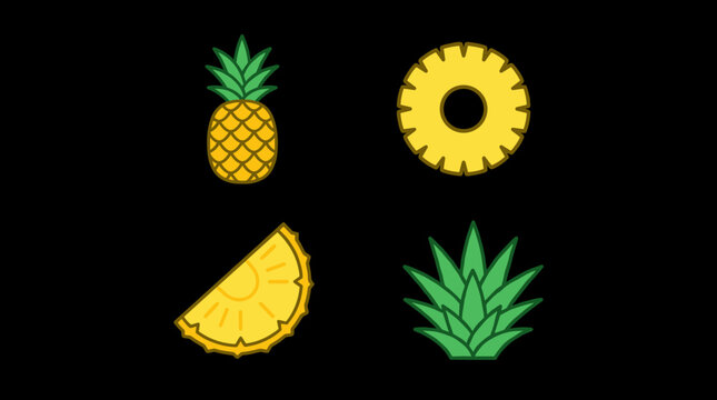 Set of four flat color pineapple icons arranged in a 2x2 grid, featuring a whole pineapple, a slice, a wedge, and the top crown, each bold yellow and green