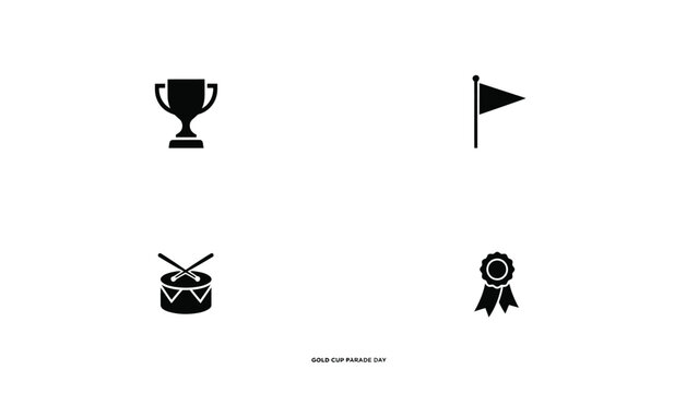 Minimalist black icons set featuring trophy flag drum and ribbon for celebration with arranged balanced grid against neutral background showcases clean minimalist