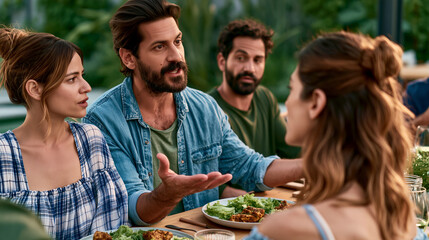 Obraz premium Friends engaged in an animated dinner conversation with subtle tension, capturing authentic expressions and social dynamics at an outdoor gathering.
