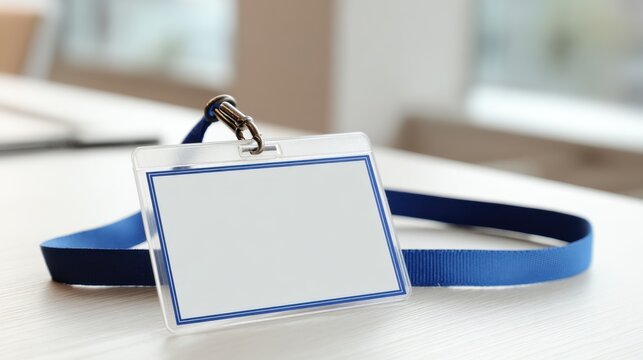 Corporate blank ID badge with blue lanyard on wooden desk, professional name tag mockup, plastic identification card holder for events