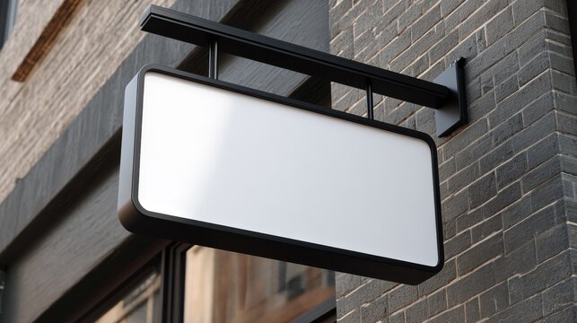 Minimalist blank shop signage mockup, horizontal white store sign on dark brick wall, outdoor commercial branding display for boutique or cafe