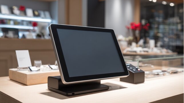 Modern POS terminal with blank touchscreen on retail counter, digital point of sale system in boutique shop, electronic payment kiosk display