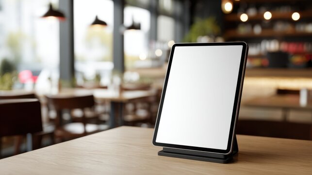 Digital tablet mockup on cafe table, blank white screen for menu display, modern restaurant interior with bokeh background