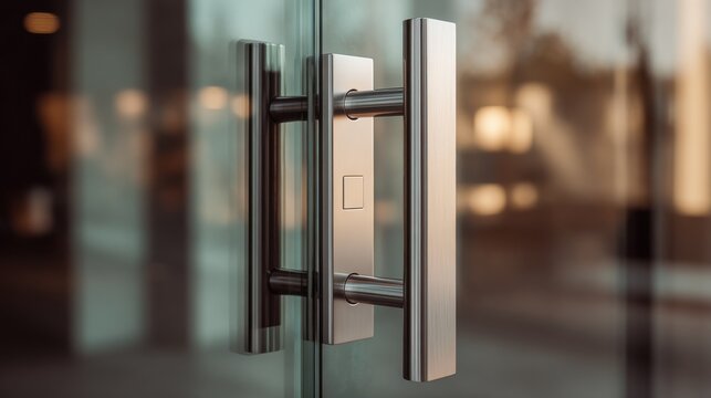 Modern stainless steel door handle on glass entrance, sleek commercial building hardware, minimalist office door pull with metallic finish