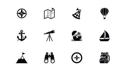 Naklejka premium Modern minimalist adventure and exploration icon set with all rendered flat design style against neutral background minimalist symbols with showcases sleek high