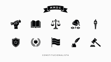 Minimalist constitutionalist symbol set with raised fist scales flame and flag icons in bold black flat design with showcases striking collection © Sharmistha