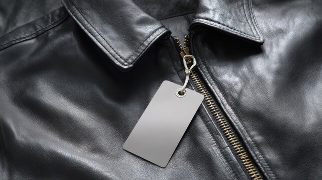 Black leather jacket with blank price tag, close up of zipper and collar on premium leather outerwear, empty clothing label for branding mockup