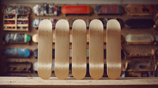 Blank wooden skateboard decks in a row, natural maple skate deck mockups for custom design, professional workshop background with skateboards