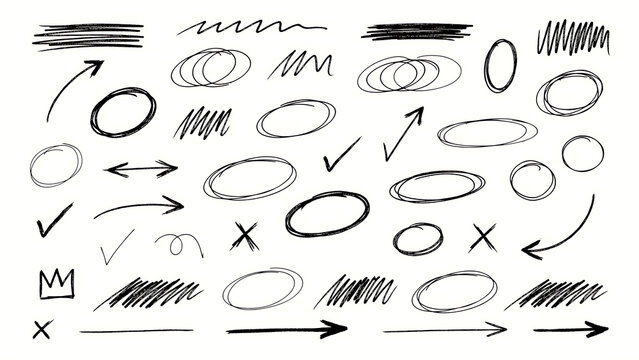 Set of hand drawn sketch scribbles arrows and circles with handdrawn, scribble