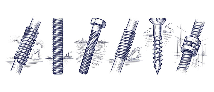 Screw bolt thread mechanical drawings set of industrial fasteners and fasteners engineering sketches, hand drawn retro engraving style illustration of metal hardware components isolated on plain white