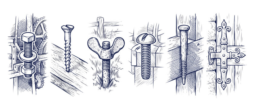Vintage hardware screws bolts illustration of antique metal fasteners, hinges, nuts, and nails in engraving sketch style on wood and metal joints for craft, engineering, and DIY carpentry projects.