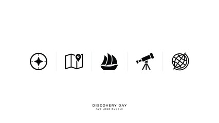 Modern flat vector icons bundle featuring exploration and discovery themes on light background with light gray background subtle text overlay reading Discovery Day SVG Logo Bundle © Sharmistha