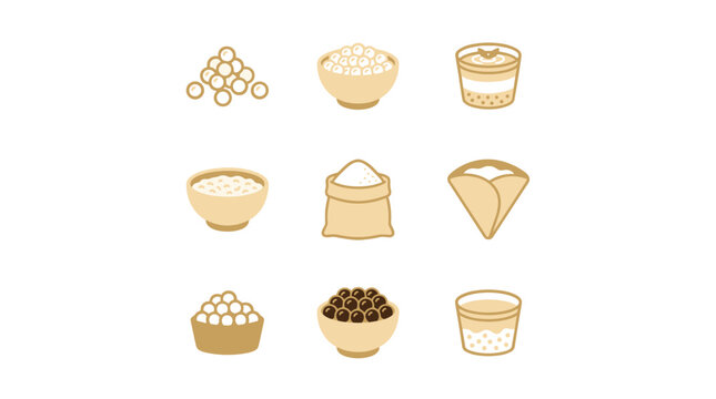 Set of 9 pixel art icons depicting sago and tapioca products, including dry pearls, cooked bowls, pudding cups, flour bags, and crepes, presented in a 3x3 grid