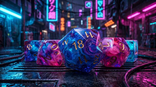 Neon-lit polyhedral dice scattered on wet urban alleyway at night