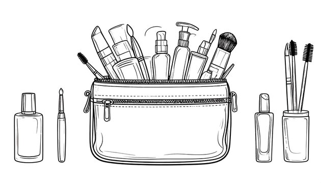 Hand Drawn Cosmetic Tools Arranged in Open Makeup Bag on White Background
