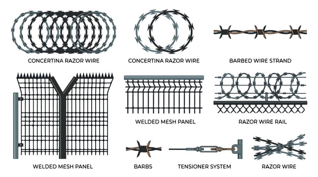Set of various decorative razor wire and barbed wire fences with sharp metal spikes and twisted designs for security