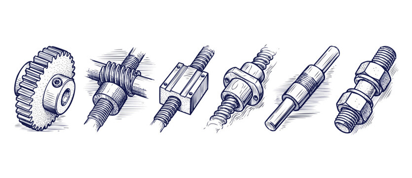 Mechanical engineering gear sketch illustration showing vintage blueprint style machine parts like worm screw, bolt, and linear guide mechanism isolated on white background for industrial design work.