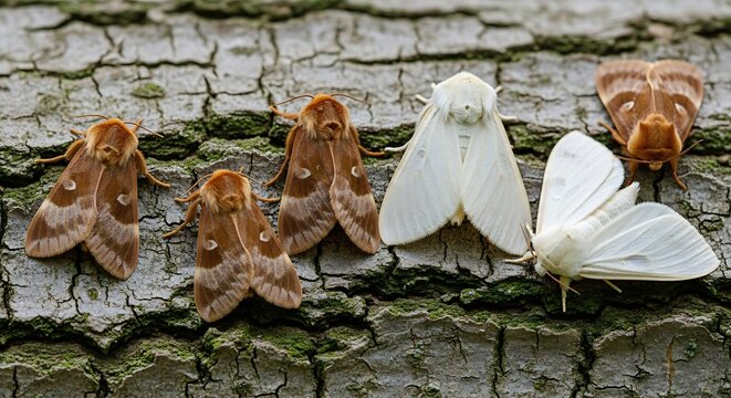 Brown and White Moths Resting on Rough Tree Bark Surface