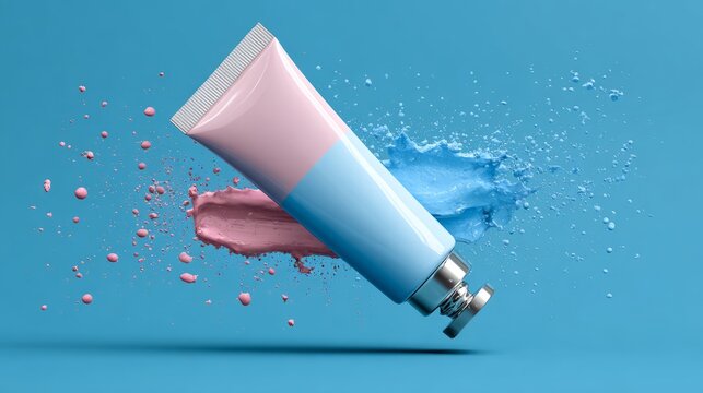 Realistic plastic cosmetic tube mockup for cream, lip gloss and skincare products on blue background, minimal beauty packaging template with clean branding space