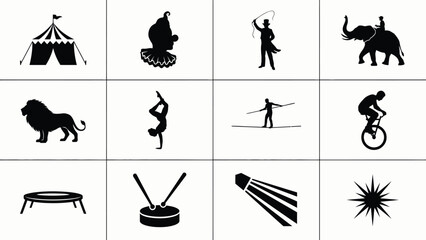 Classic silhouette icons of circus performers and acts in bold black with minimalist vector style high contrast clarity visual impact iconic animals lions elephants © Sharmistha