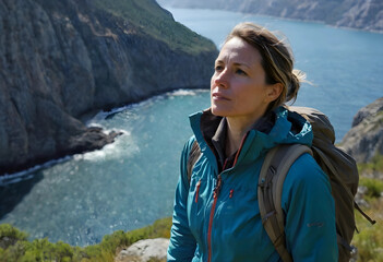 Fototapeta premium Solo female hiker standing on cliffside overlooking sea