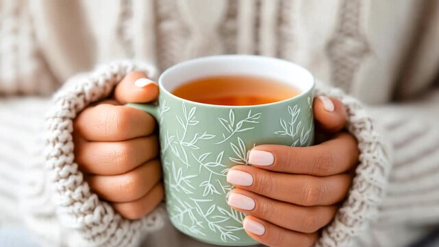 Enjoying tea in a cozy setting with warm hands and a soft beverage cup Generative AI