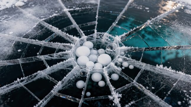A frozen spiderweb with frost-covered strands surrounds white ice bubbles trapped beneath a glassy, icy surface.