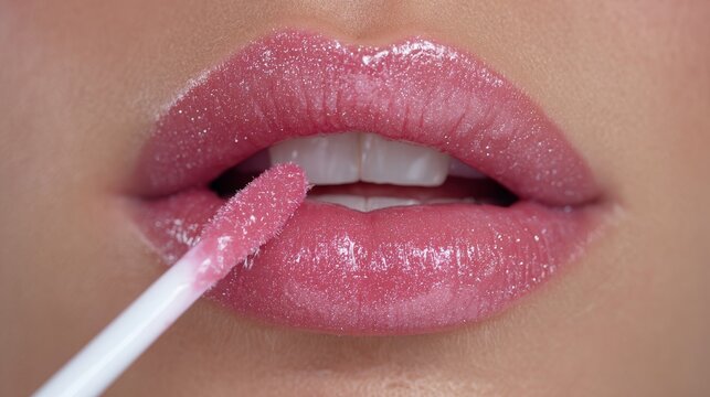 Close up of pink lip gloss application on female lips, glossy natural makeup, beauty cosmetic routine, soft glam look, hydrated smooth lips, professional skincare and fashion concept