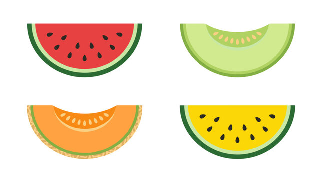 Pixel art icons of four melon slices, watermelon, honeydew, cantaloupe, and yellow watermelon, arranged in a 2x2 grid, flat color design, each icon bold with solid fill