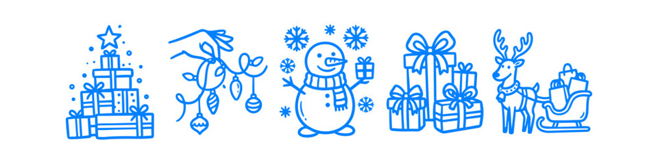 Blue hand-drawn Christmas icons: gift tree, snowman, reindeer sleigh, and ornaments. Minimalist line art for festive holiday cards and seasonal decor. © Trends
