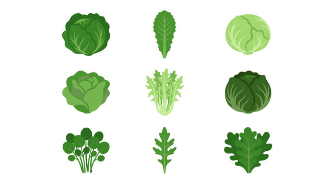 Pixel art collection of nine green lettuce and leafy greens icons in a 3x3 grid, featuring iceberg, romaine, butter lettuce, endive, radicchio, and watercress, for healthy food concepts