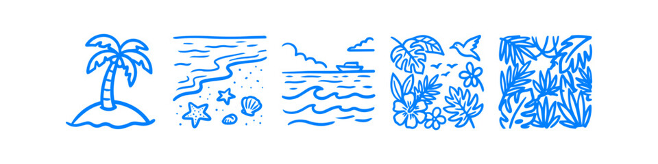 Set of blue hand-drawn tropical beach icons featuring a palm tree, ocean waves, starfish, shells, a boat, and exotic leaves. Minimalist line art for summer vacation and travel design themes. © Trends