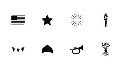 Obraz premium Patriotic symbols minimalist black and white icon set featuring flag star fireworks torch banners hat trumpet with sharp lines vintage aesthetic timeless appeal