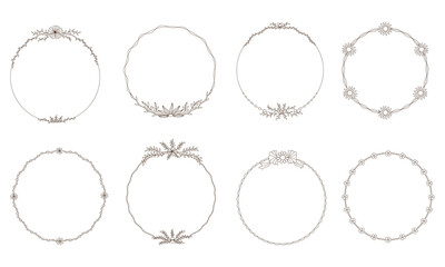 Obraz premium An aesthetic circular floral frame featuring brown line art on a white background in a doodle style. It is suitable for card designs, wedding card, scrapbook, digital prints, labels printing and more
