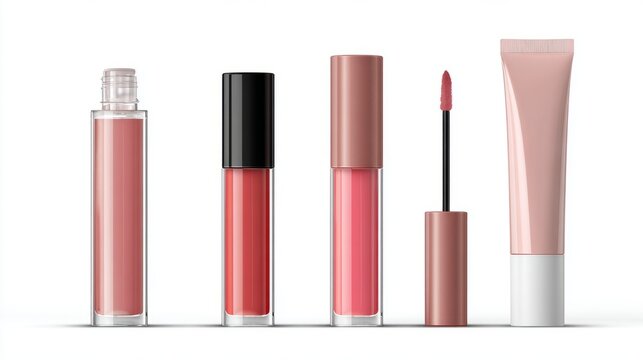 Realistic lip gloss packaging mockup set with cosmetic bottles, brush applicators and tubes, blank decorative beauty makeup product container collection, vector illustration isolated on white backgrou